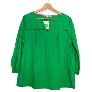 Boden Green Flora Micro-Striped Peasant Top Size 14 New